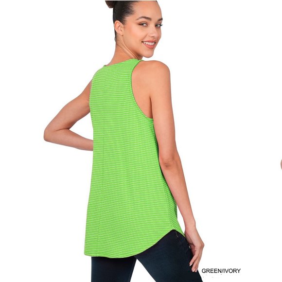 Sleeveless Top in Bright Green - Striped Pattern - Scoop Neck and Round Hem - Picture 4 of 5